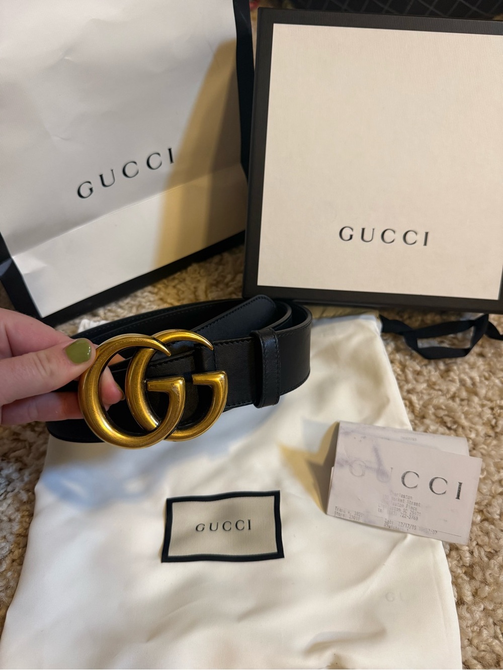 Gucci Black Leather Belt with Antique Gold Double G Buckle